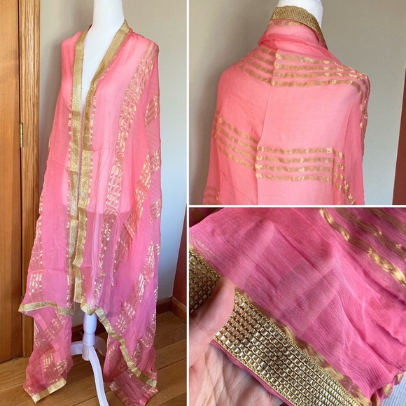 Vintage Accessories - Vintage Indian Silk Shawl Scarf Sari Large Rectangular Pink Gold Sheer Scarf